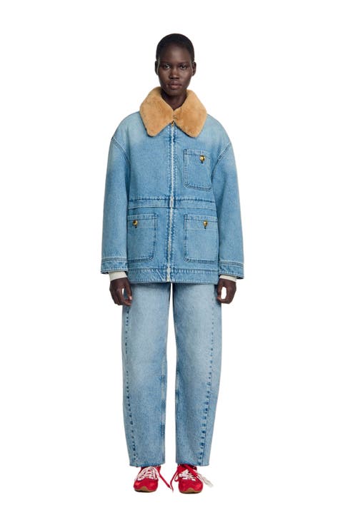 Denim coat with faux fur collar