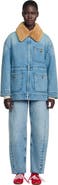 SANDRO Denim coat with faux fur collar