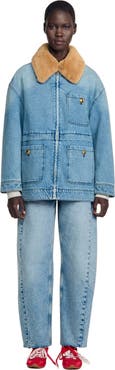 SANDRO Denim coat with faux fur collar