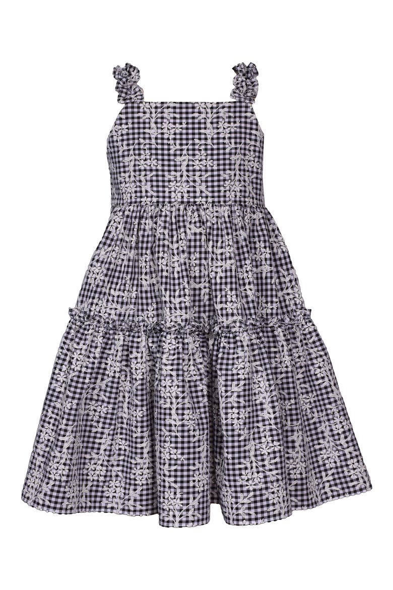 Kids' Floral Embroidered Gingham Tiered Sundress, Main, color, BLACK/ WHITE