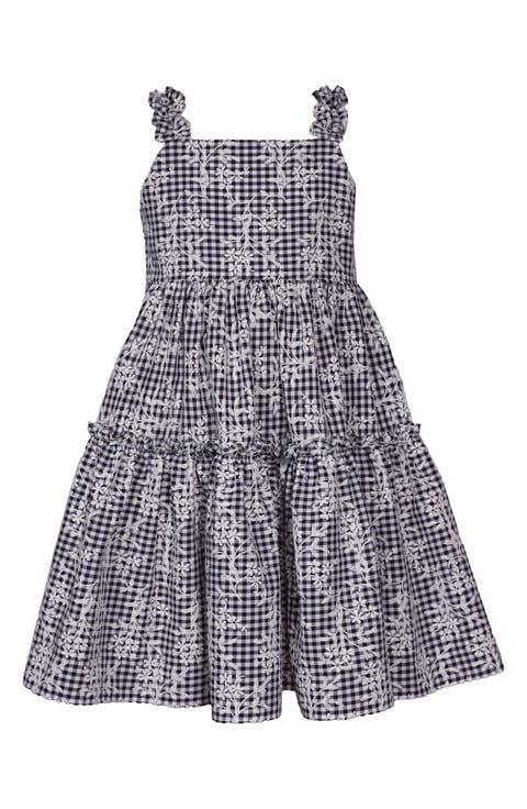 Kids' Floral Embroidered Gingham Tiered Sundress (Big Kid)