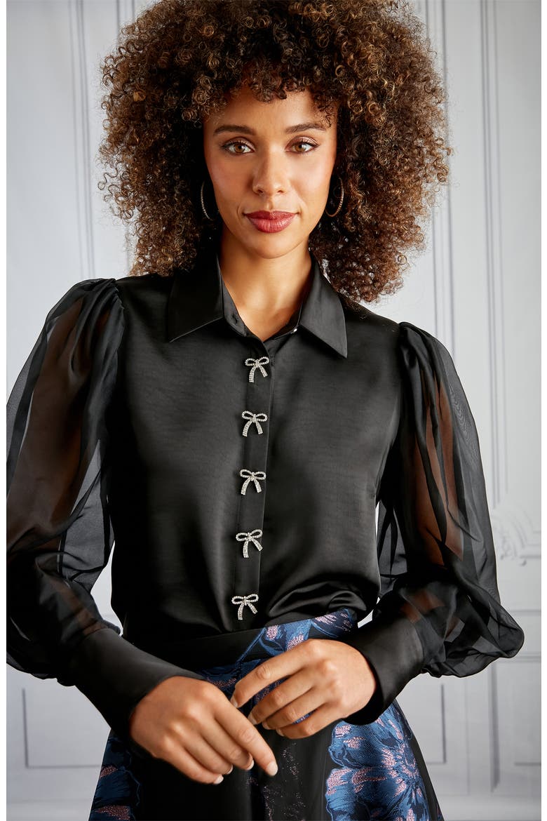 Rhinestone Bow Organza Sleeve Satin Shirt, Alternate, color, BLACK