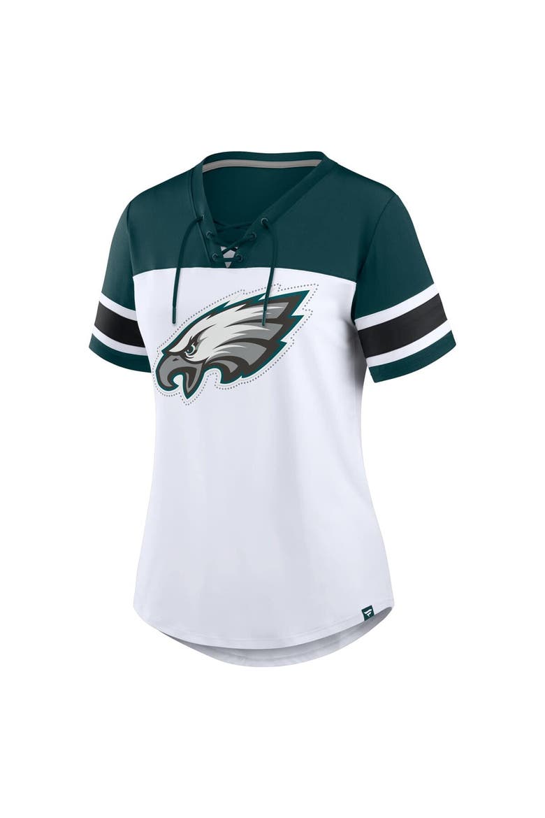 Women's Fanatics White/Midnight Green Philadelphia Eagles Athena Rhinestone Lace-Up V-Neck T-Shirt, Alternate, color, White