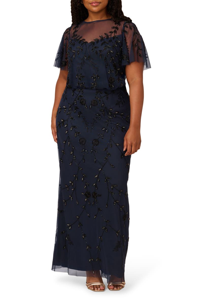 Beaded Column Gown, Main, color, NAVY/ BLACK