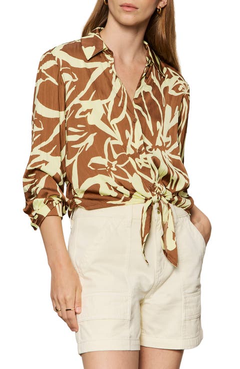 Lover Print Tie Hem Crop Sateen Shirt (Regular & Petite)