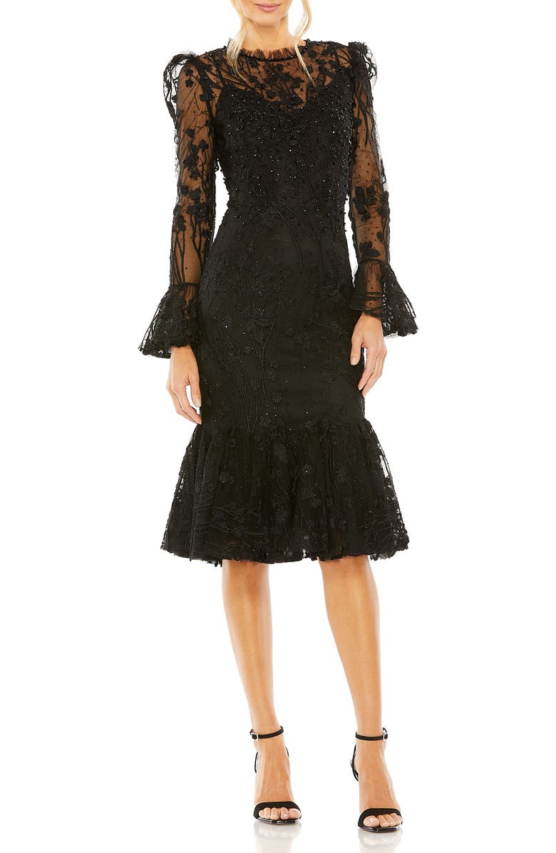 Mac Duggal Embellished Ruffle Wrist High Neck Midi Dress, Main, color, Black