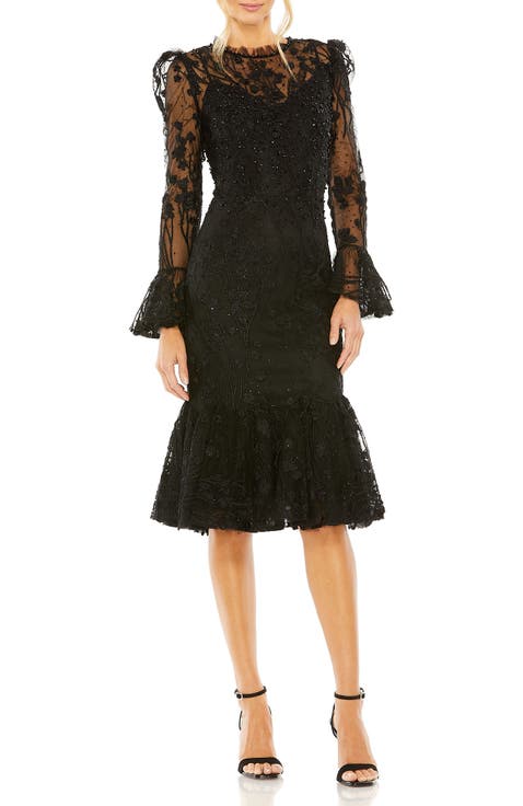 Embellished Ruffle Wrist High Neck Midi Dress