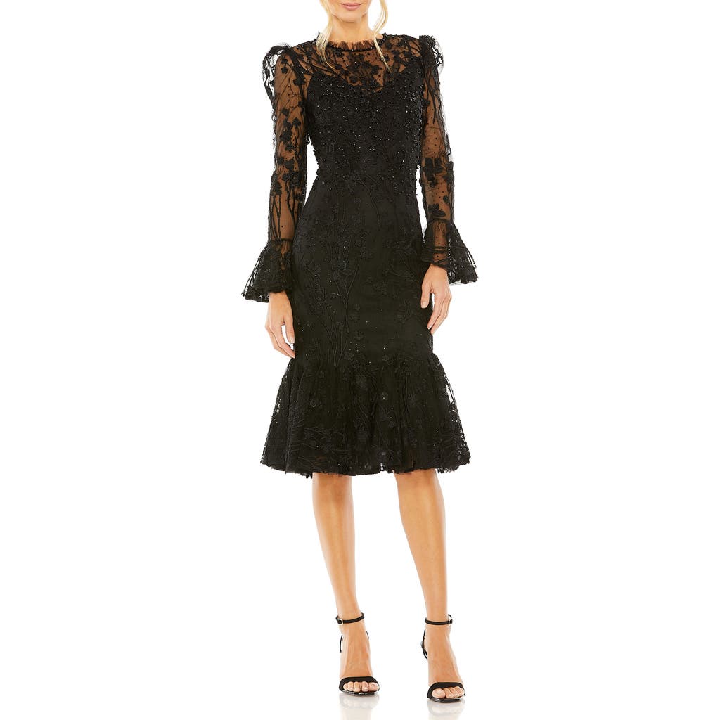 Mac Duggal Embroidered Ruffle Long Sleeve Cocktail Dress In Black