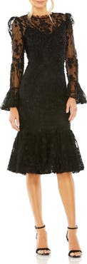 Mac Duggal Embellished Ruffle Wrist High Neck Midi Dress