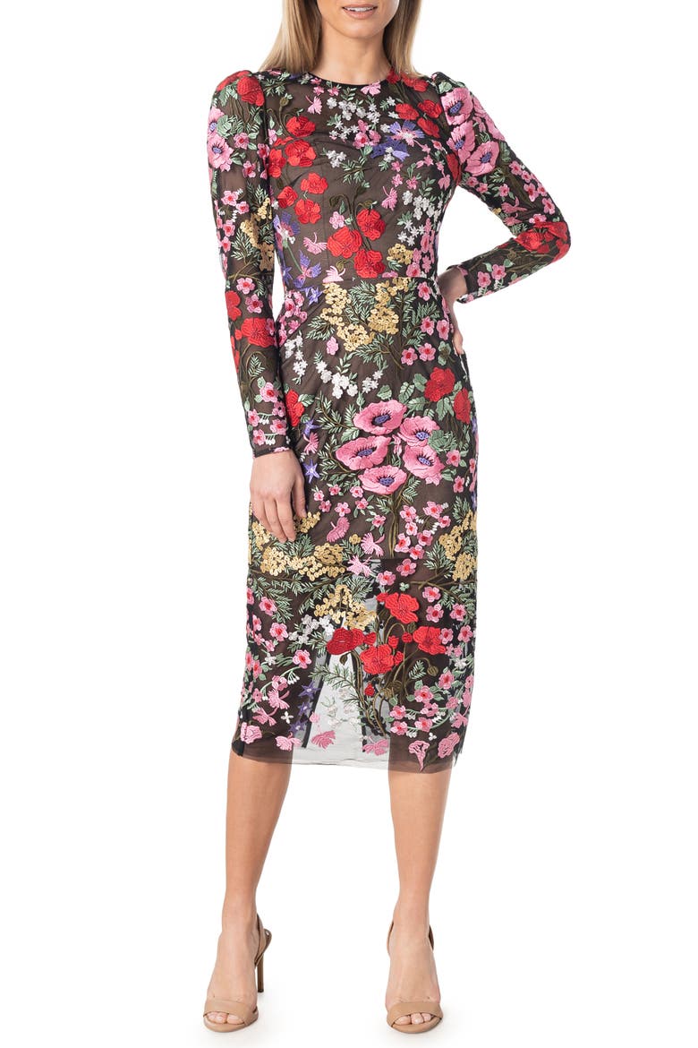 Sophia Floral Embroidered Long Sleeve Sheath Dress, Main, color, ROUGE MULTI