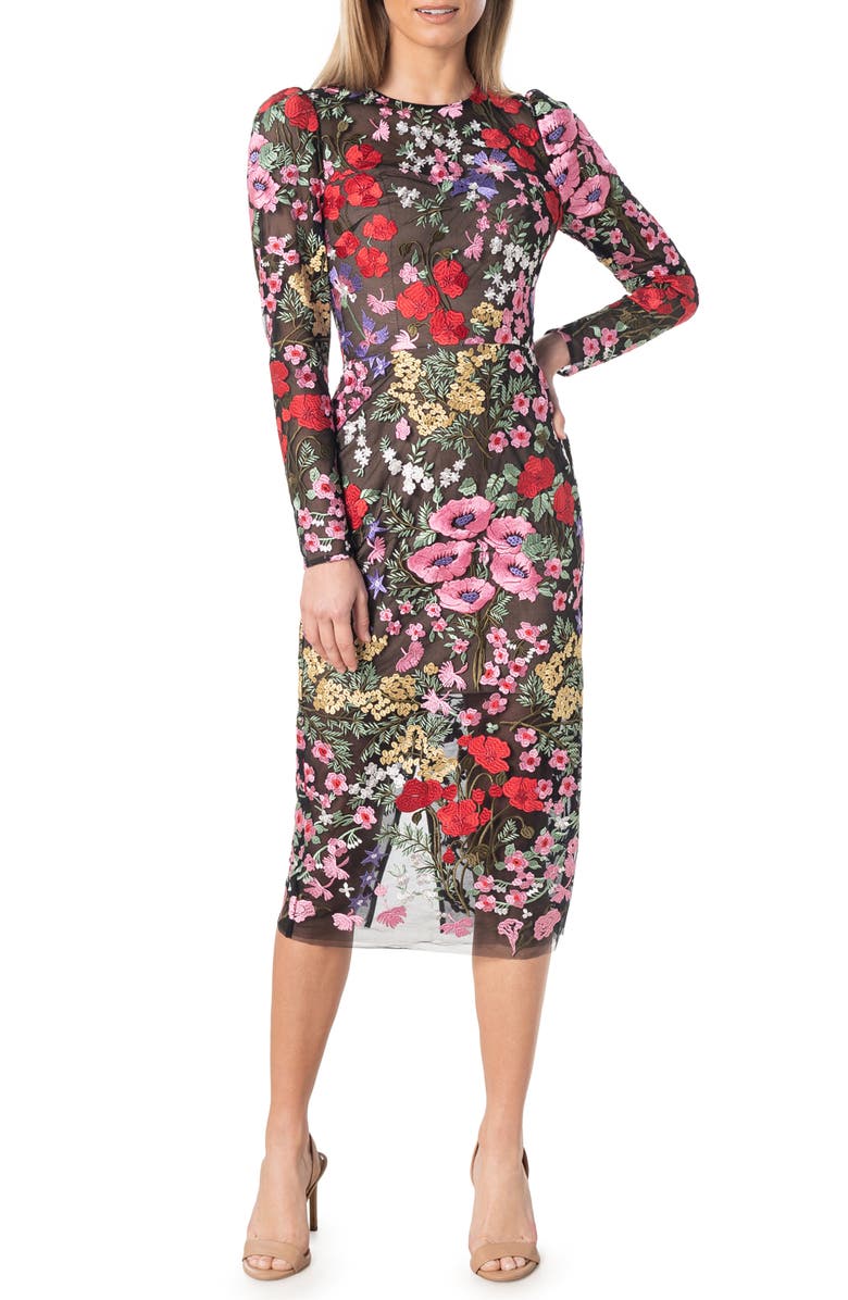 Dress the Population Sophia Floral Embroidered Long Sleeve Sheath Dress, Main, color,