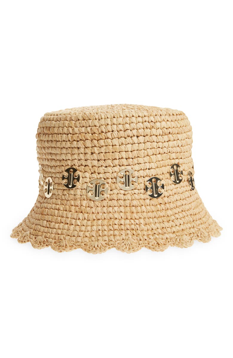 Rabanne Disc Detail Straw Bucket Hat, Main, color, 