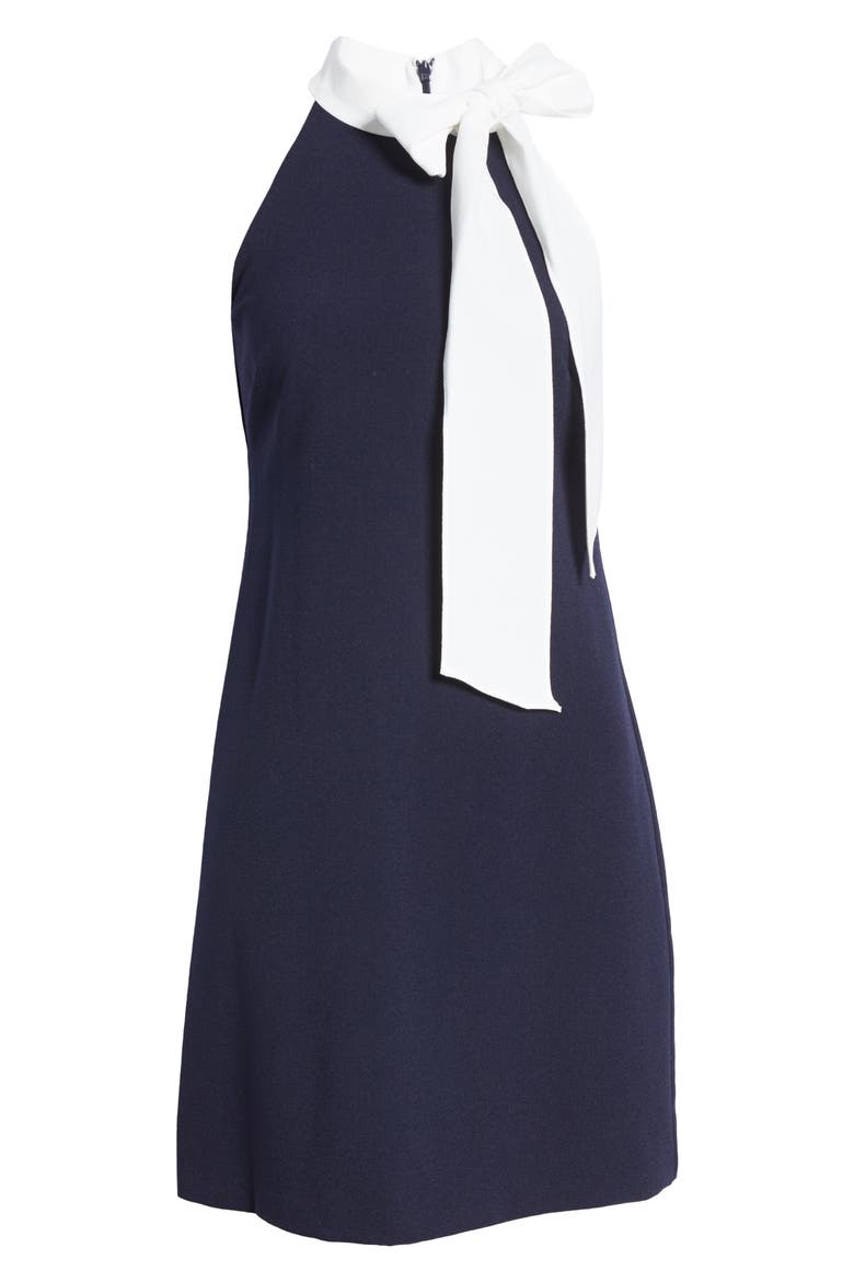 Signature Bow Neck Stretch Crepe Sheath Dress, Alternate, color, NAVY/ IVORY