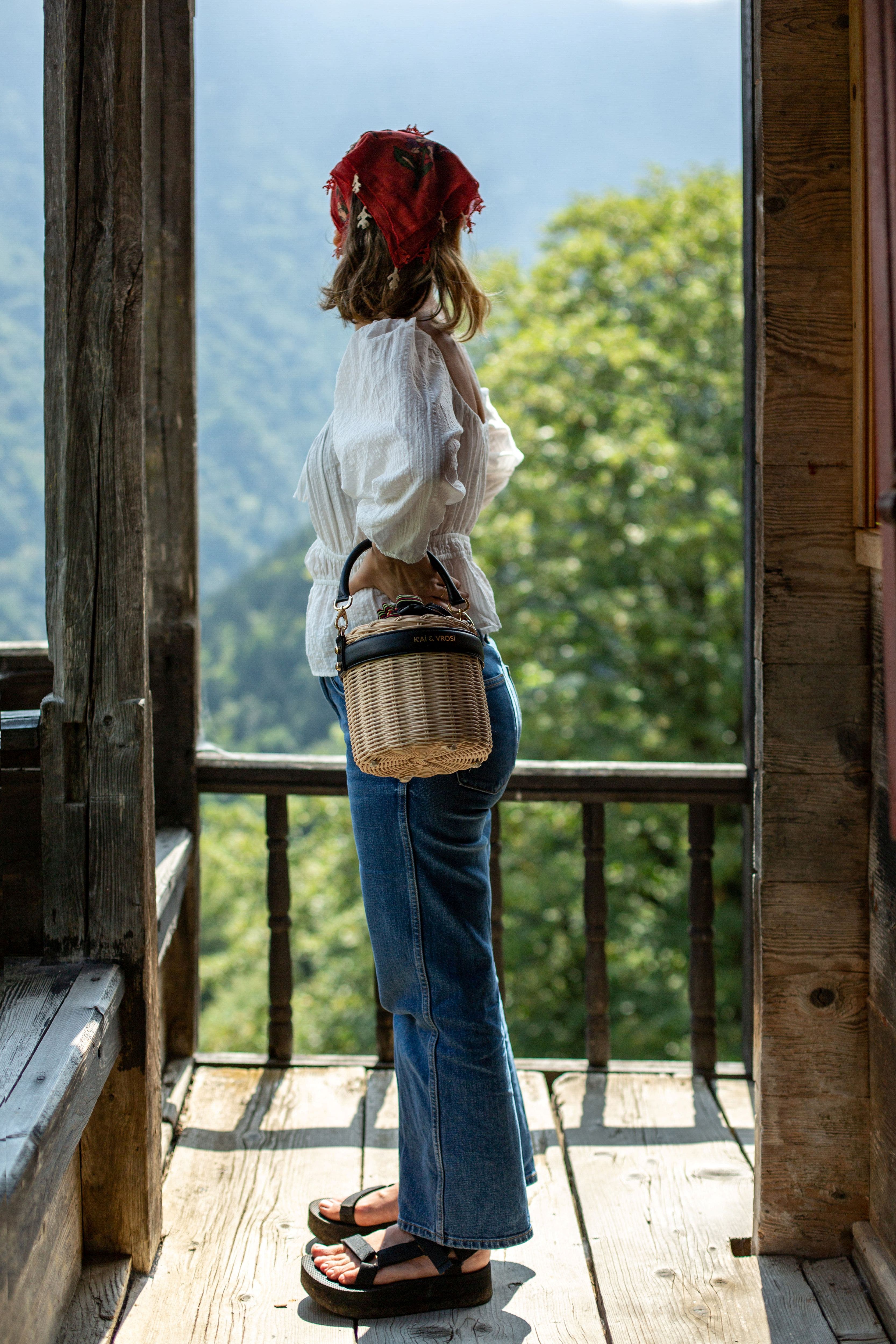 K'ai & Vrosi Leather & Straw Bucket Bag with Drawstring, Alternate, color, Black