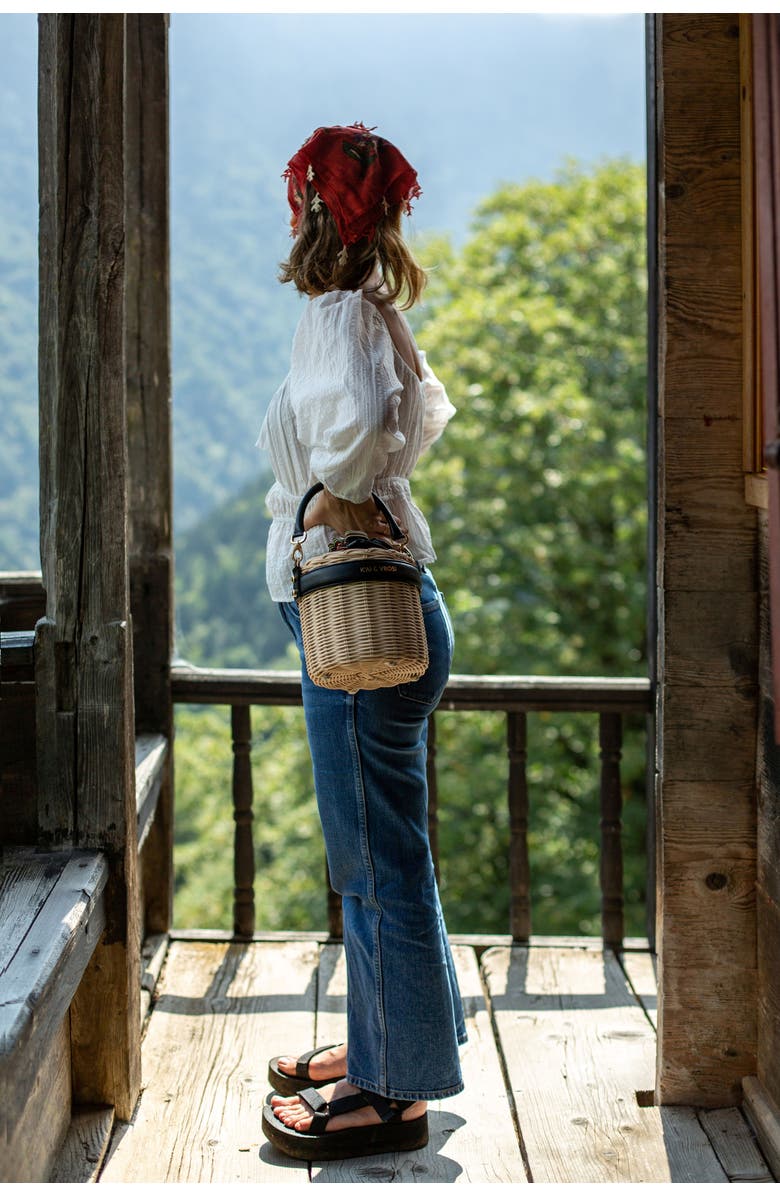 K'ai & Vrosi Leather & Straw Bucket Bag with Drawstring, Alternate, color, Black