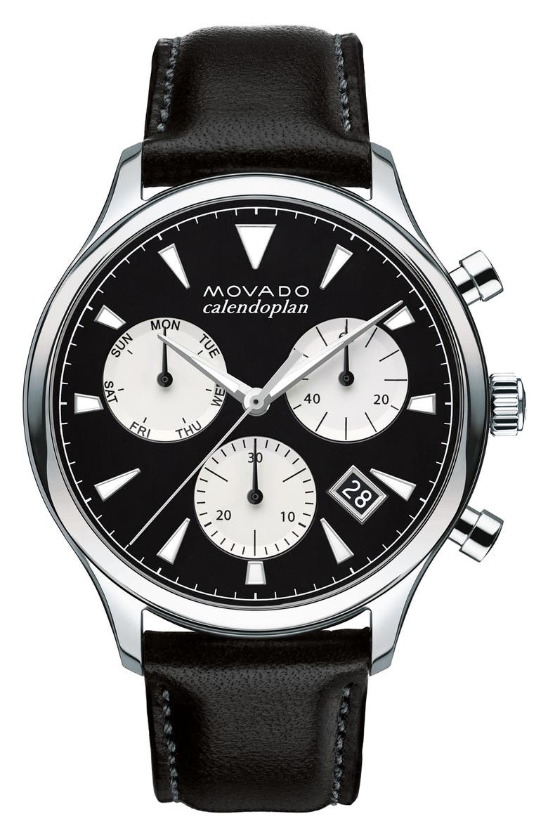 Movado 'Heritage' Chronograph Leather Strap Watch, 43mm, Main, color, 