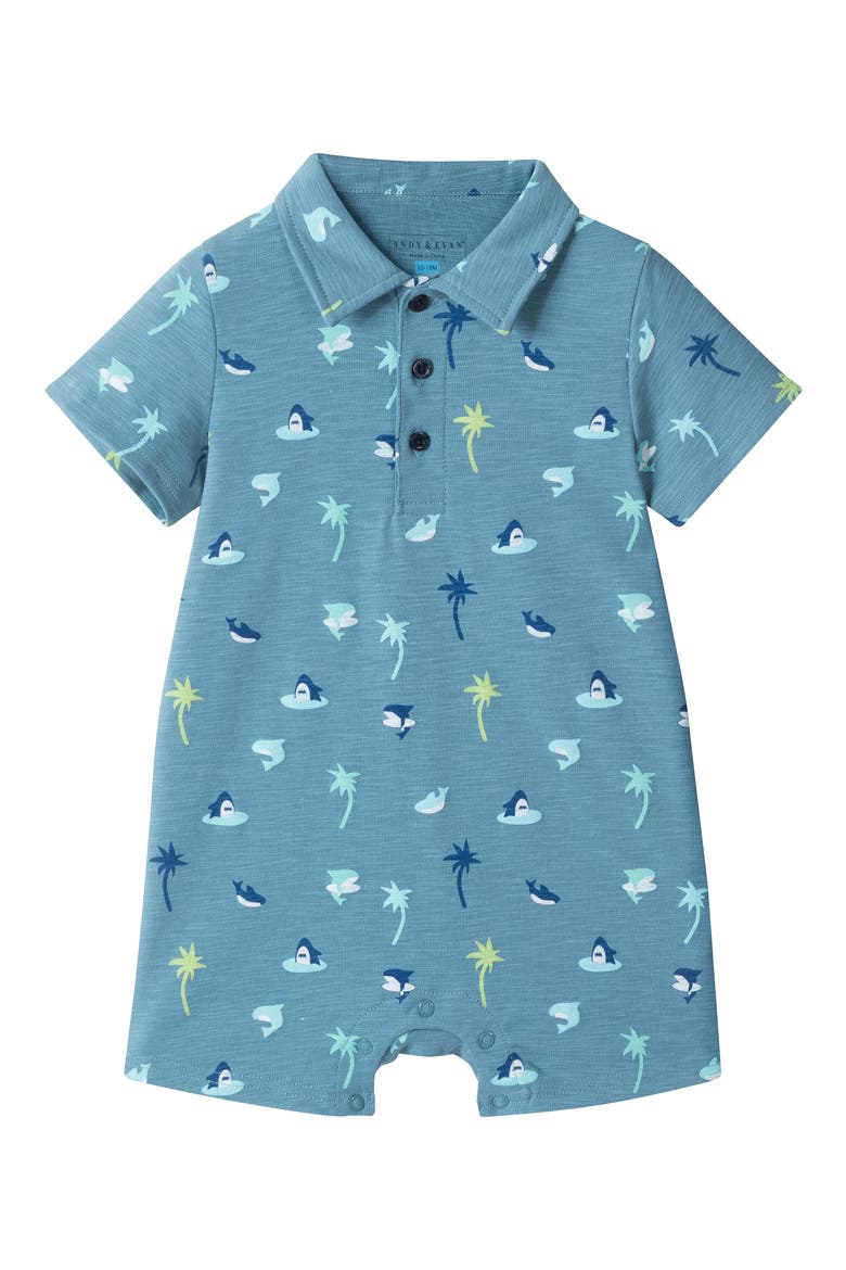 Print Cotton Blend Polo Romper, Main, color, BLUE