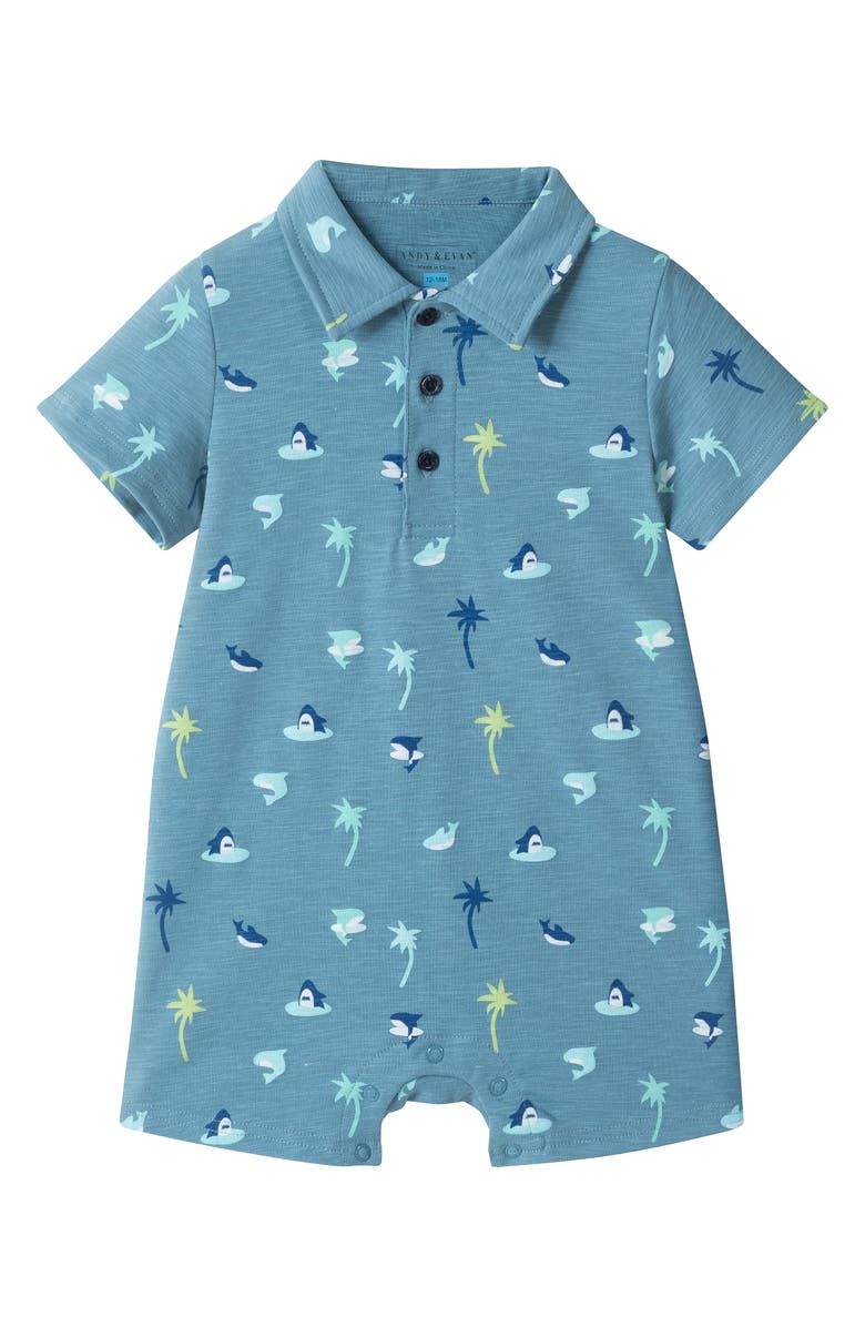 Andy & Evan Print Stretch Cotton Polo Romper, Main, color, Blue