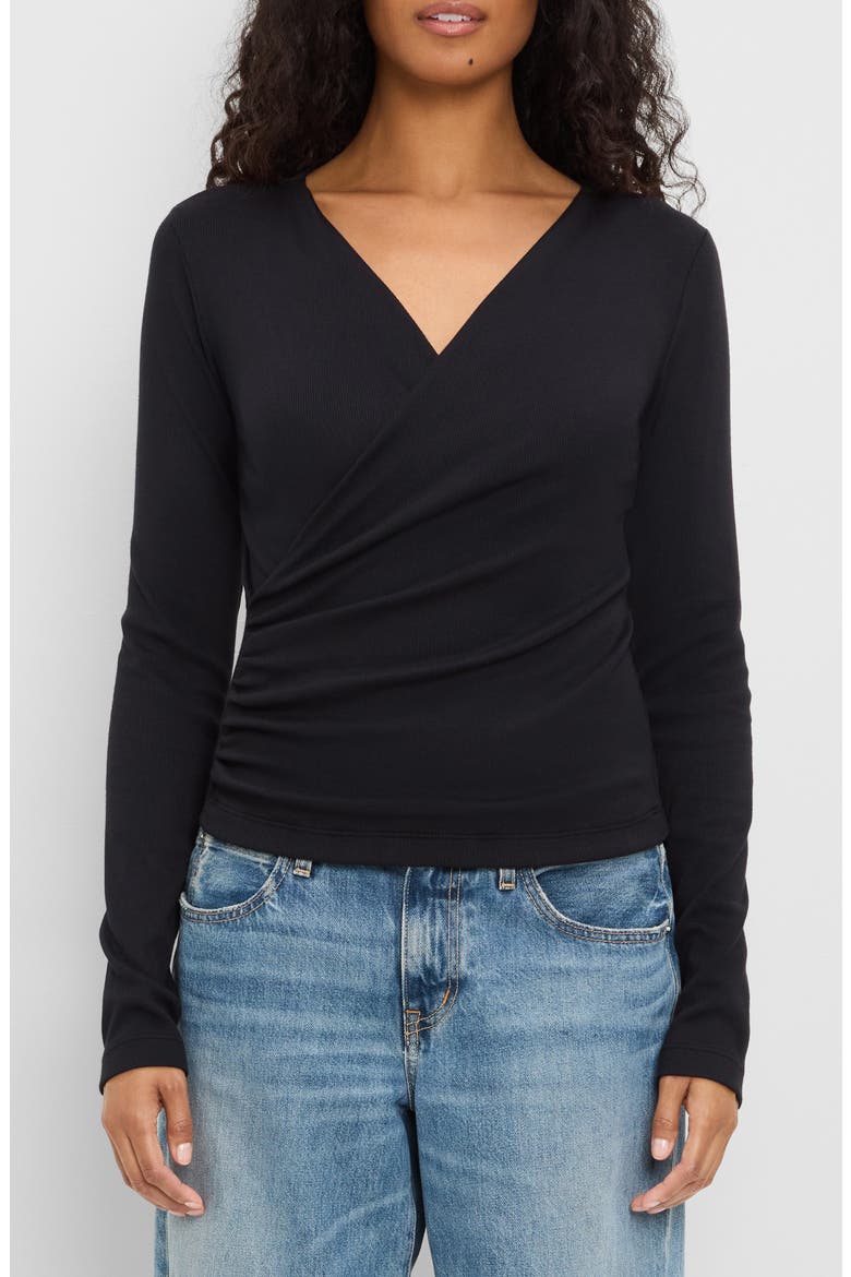 Stacie Shirred Surplice Top, Main, color, BLACK