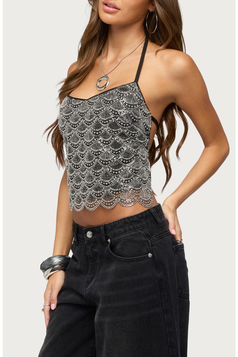 Naira Beaded Scalloped Halter Top, Alternate, color, SILVER