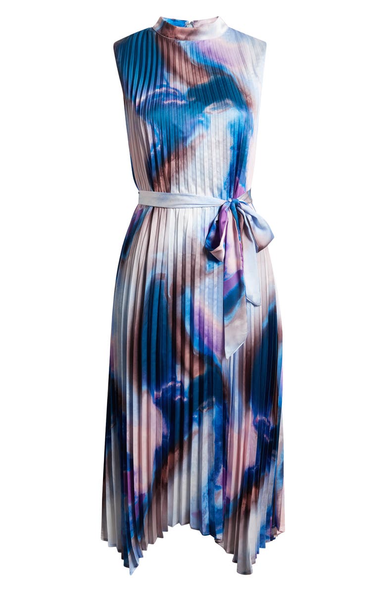 Tahari Pleated Tie Waist Midi Dress, Main, color, Indigo Multi