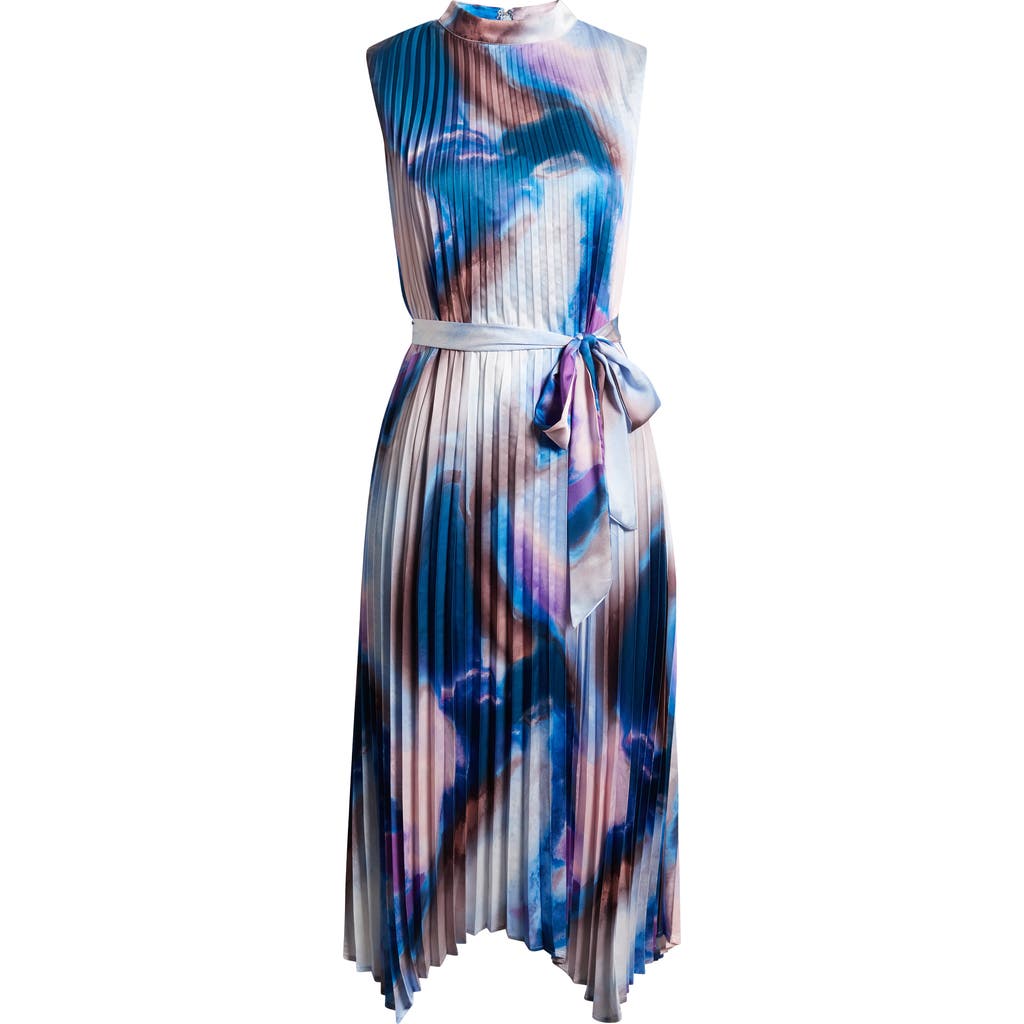 Tahari Pleated Tie Waist Midi Dress In Indigo Multi
