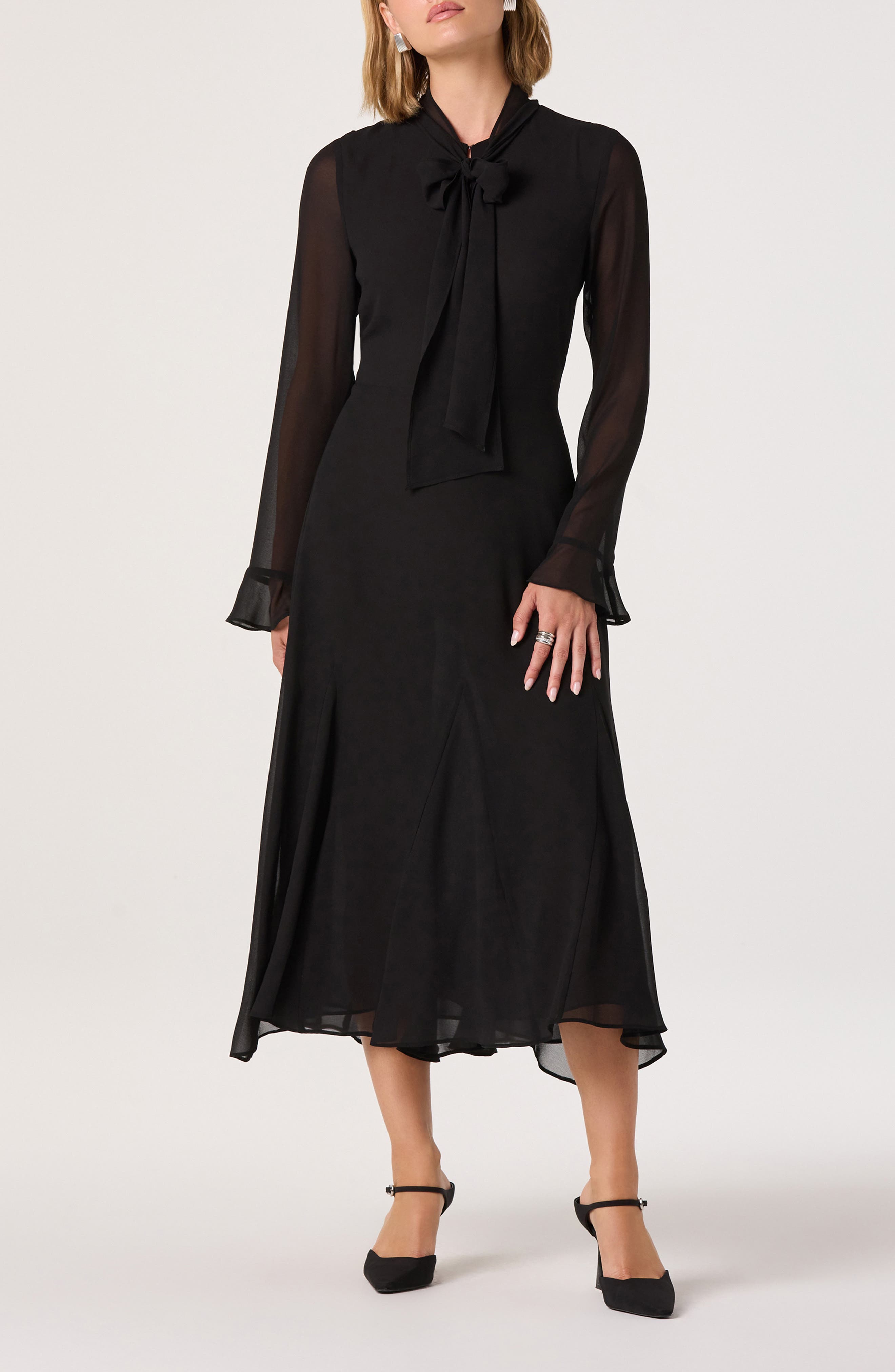 ASTR the Label Tie Neck Long Sleeve Dress