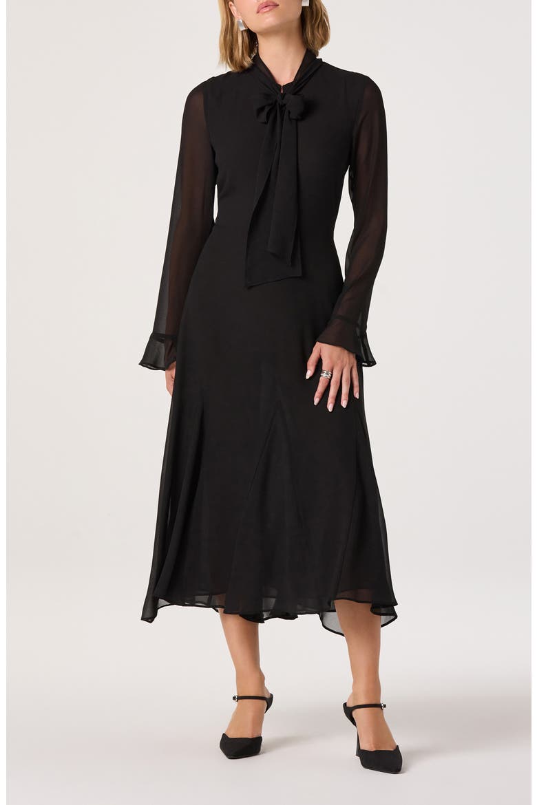 Tie Neck Long Sleeve Dress, Main, color, BLACK