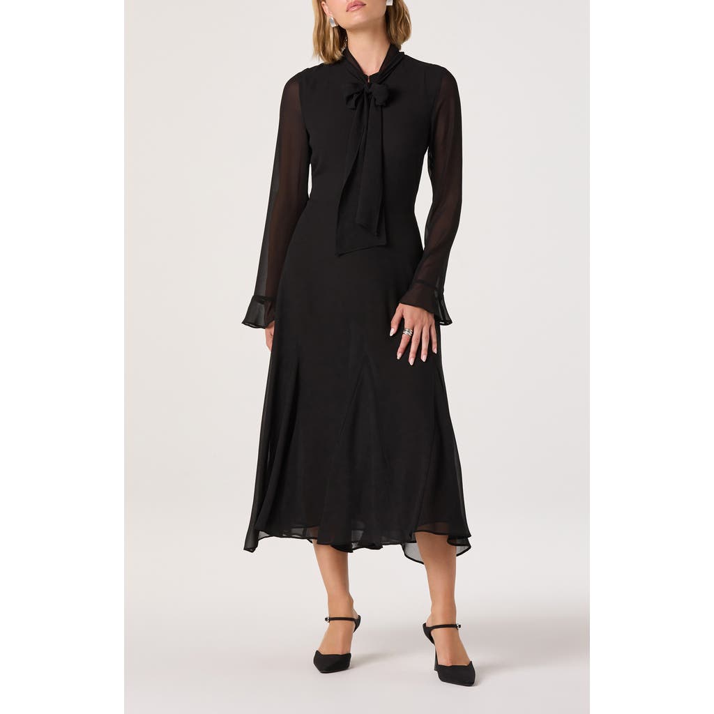 Astr The Label Tie Neck Long Sleeve Dress In Black