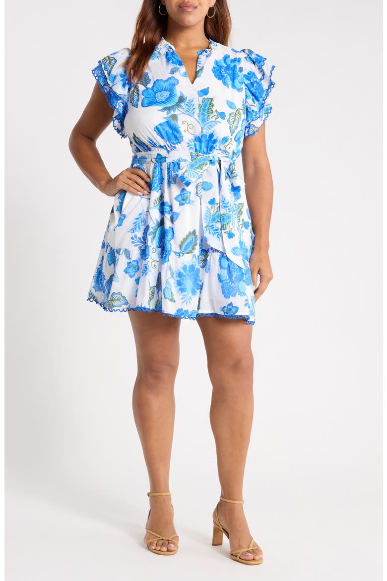 Samian Eriny Floral Ruffle Cotton Dress, Main, color, WHITE BLUE GREEN