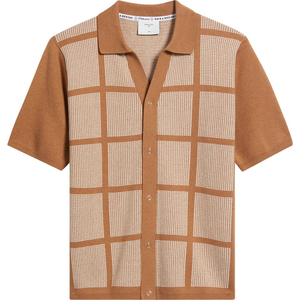 Percival Costa Geo Pattern Short Sleeve Wool & Cotton Cardigan In Brown