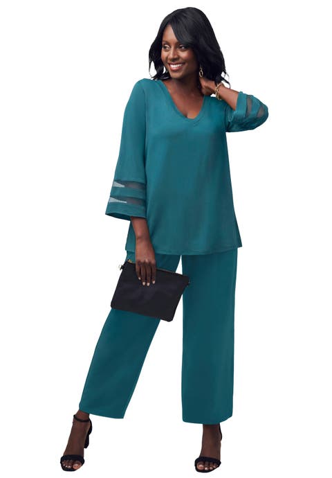 Stretch Knit Mesh Inset Sleeve Tunic (Plus)