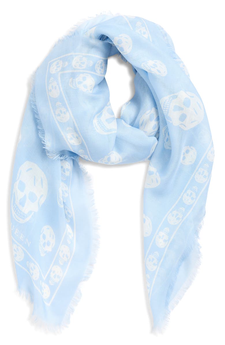 McQueen Skull Print Silk Scarf, Main, color, Ice Blue/ White