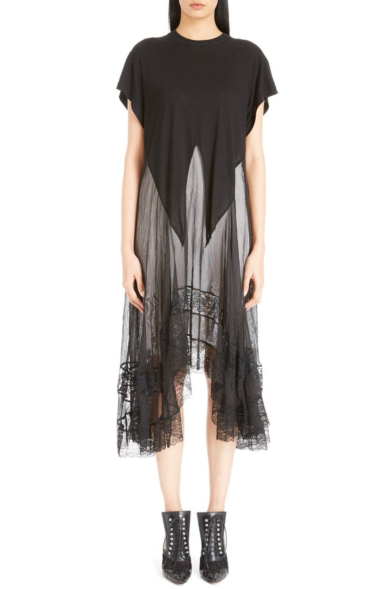 Lace Trim Jersey & Chiffon Tunic, Main, color, BLACK