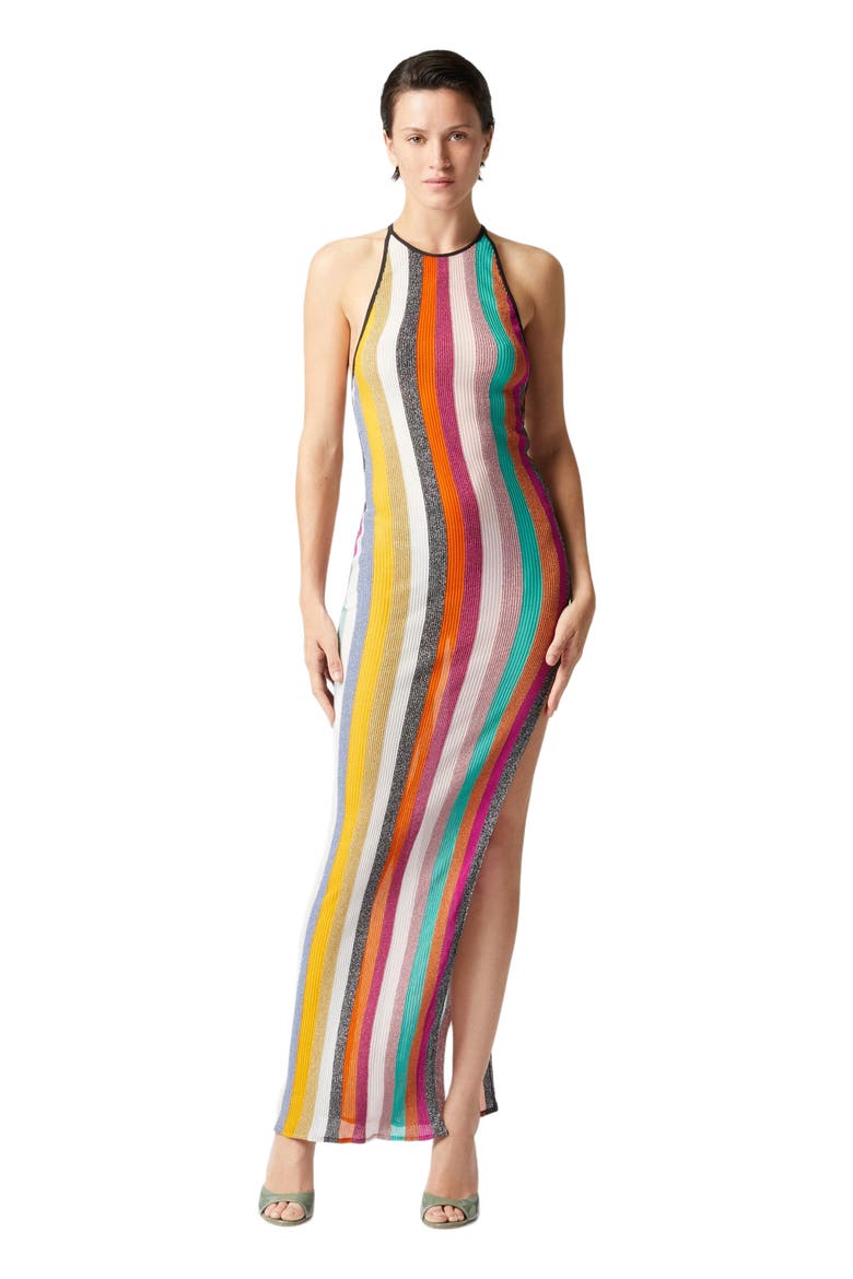 Long Dress In Striped Ribbed Knit Lamé, Main, color, Multicoloured