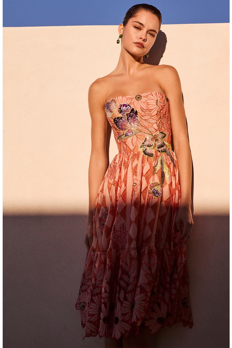 Candace Floral Cutwork Detail Strapless Cocktail Dress, Alternate, color, TANGERINE