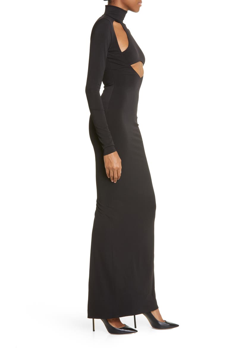 Cutout Mock Neck Stretch Jersey Gown, Alternate, color, BLACK