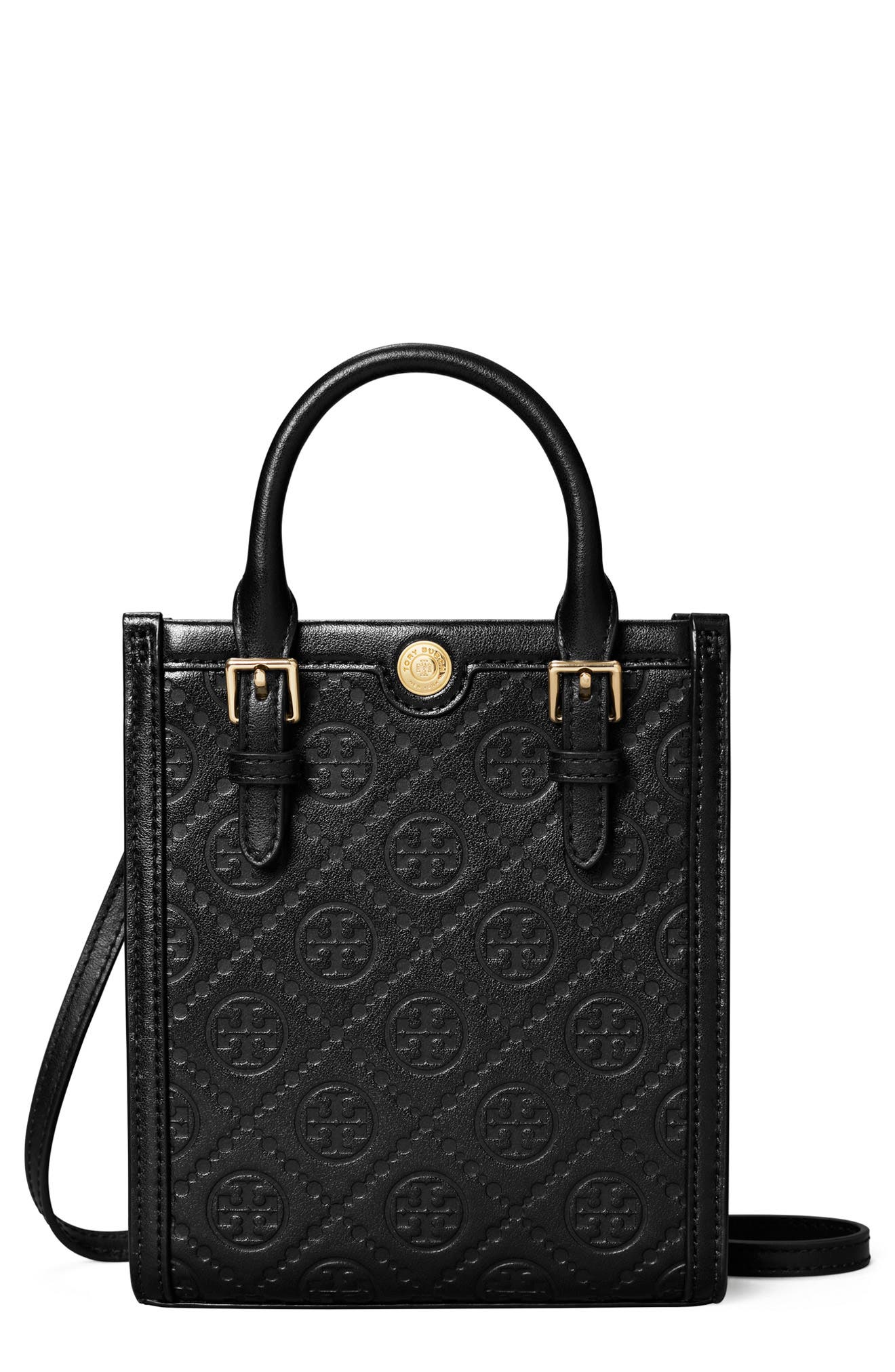 Tory Burch Mini T Monogram Debossed North/South Tote, Main, color, Black