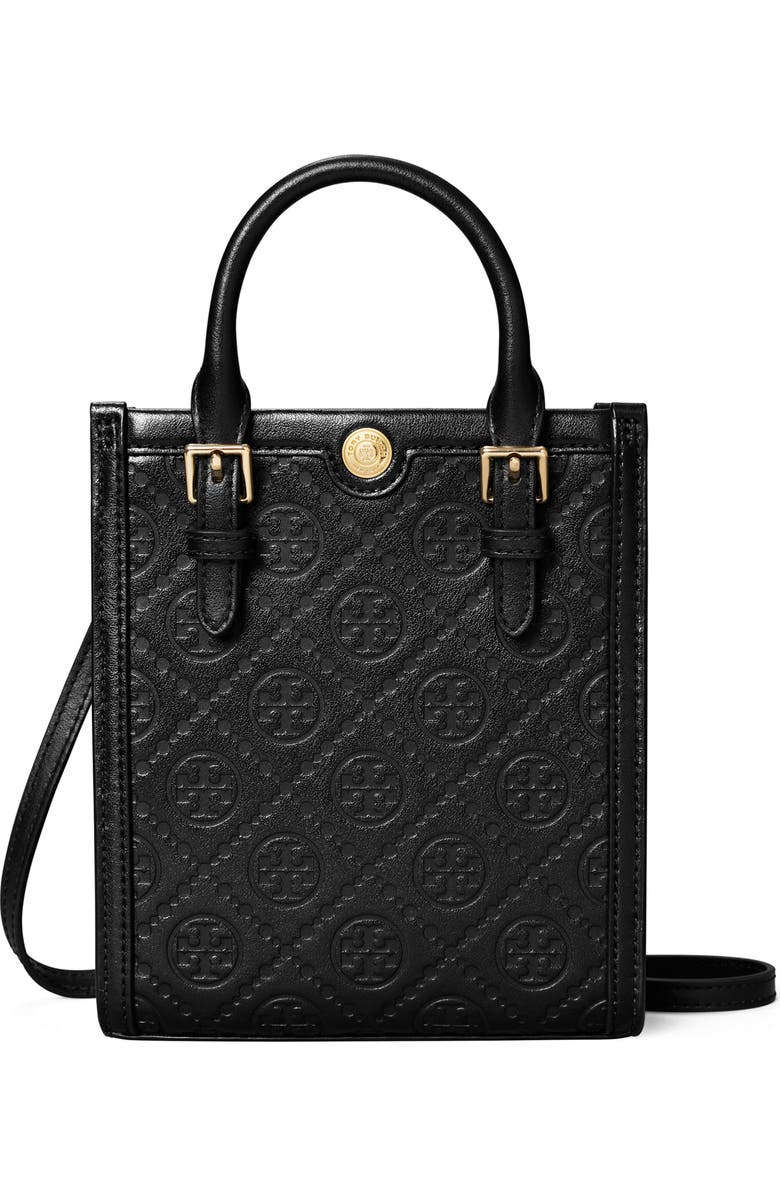 Tory Burch Mini T Monogram Debossed North/South Tote, Main, color, Black