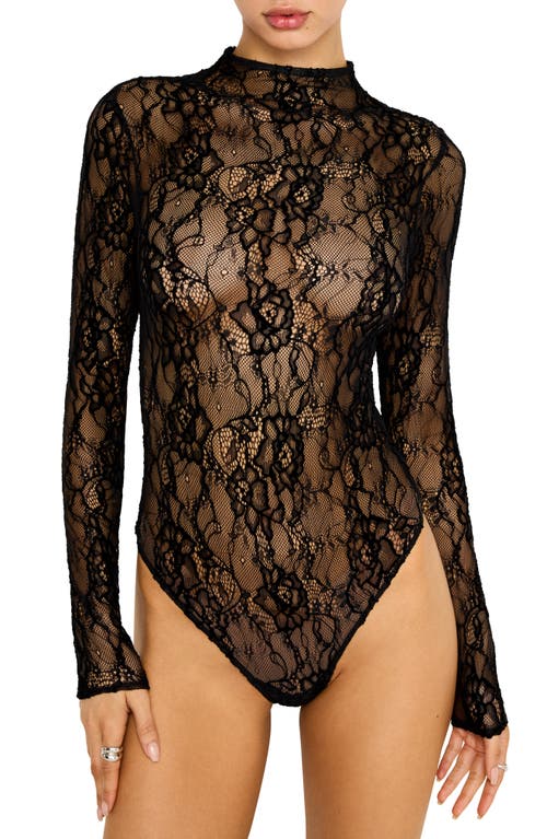 Good American Sheer Lace Mock Neck Long Sleeve Bodysuit In Black