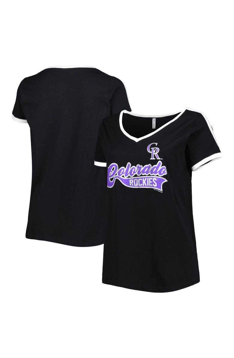 SOFT AS A GRAPE Women's Soft as a Grape Black Colorado Rockies Plus Size V-Neck T-Shirt, Alternate, color, 
