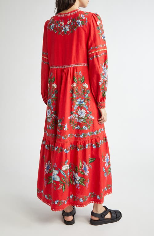 Farm Rio Sweet Bloom Long Sleeve Linen Blend Tiered Maxi Dress In Red