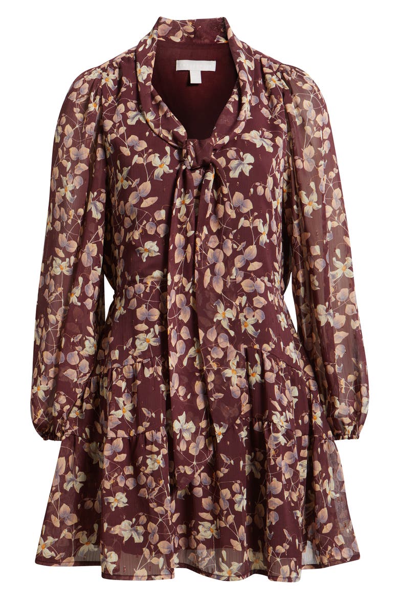 Metallic Tie Neck Long Sleeve Tiered Dress, Alternate, color, BURGUNDY- PINK MAPLE FLORAL