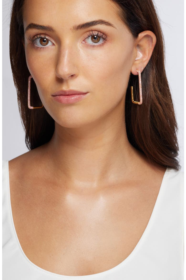Pavé Cubic Zirconia Rectangle Hoop Earrings, Alternate, color, FUCHSIA- GOLD