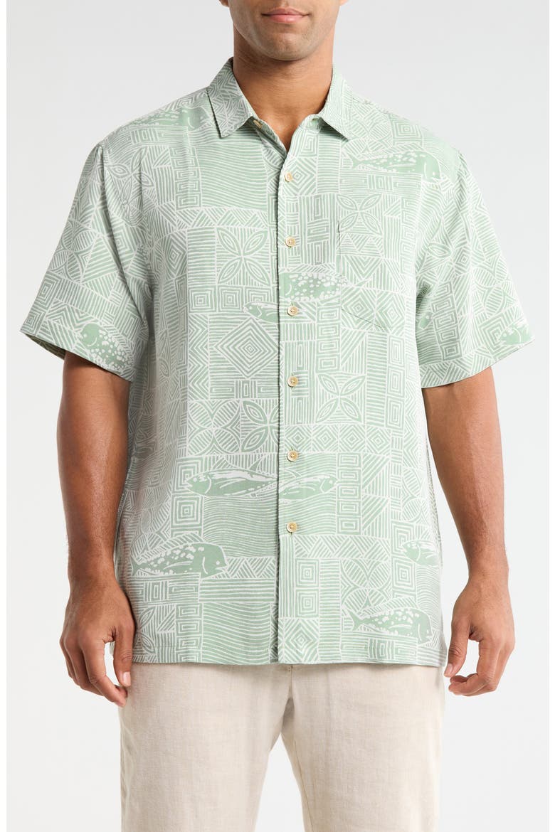 Kapakahi Jacquard Short Sleeve Button-Up Shirt, Main, color, WASABI