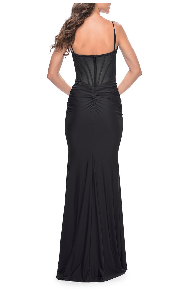La Femme Jersey Dress with Bustier Top and Illusion Back, Alternate, color, Black