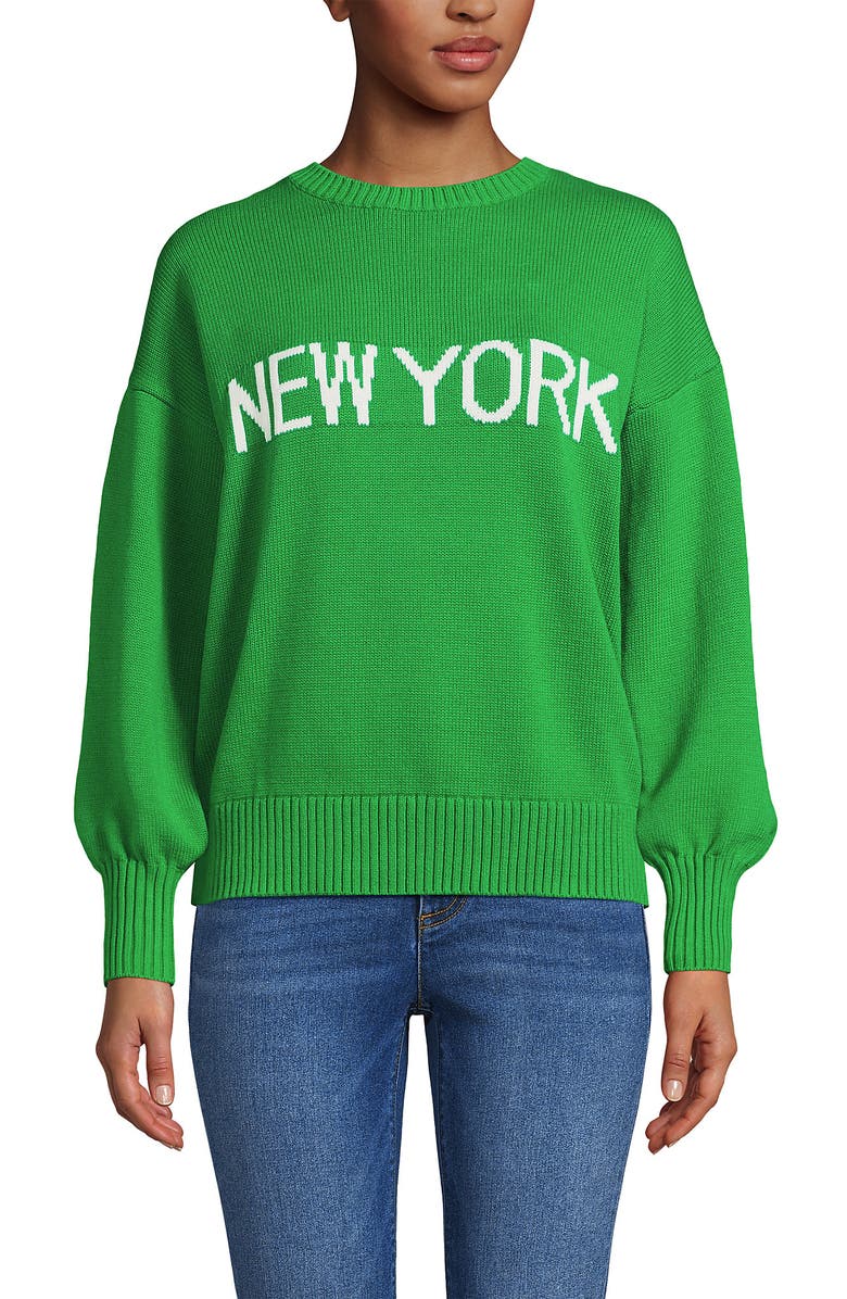 Lands' End Drifter Jersey Crewneck Sweater, Alternate, color, True Green/Ivory New York