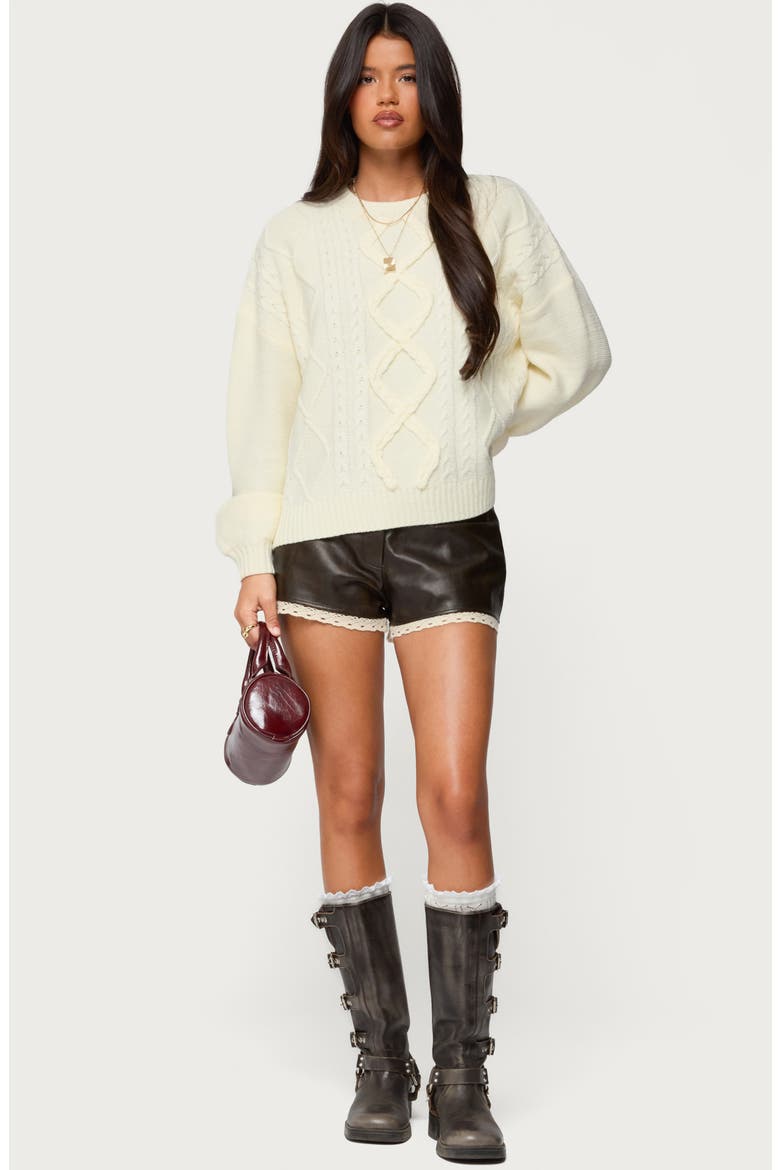 Lissa Lace Trim Faux Leather Shorts, Alternate, color, DARK-BROWN
