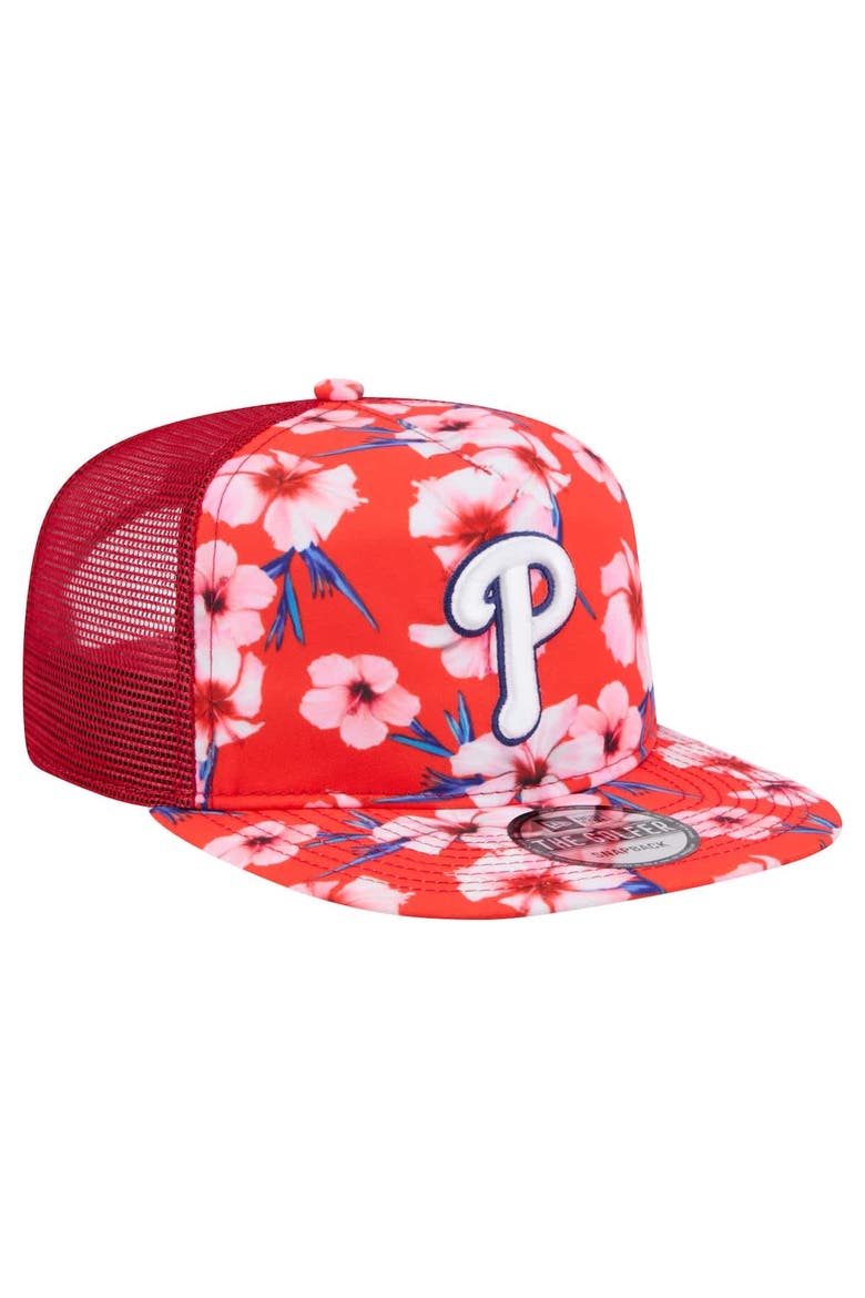 Men's New Era Red Philadelphia Phillies Adventure Pattern Golfer Trucker Snapback Hat, Alternate, color, Red