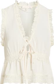 WAYF Norah Lace Trim Tie Front Top